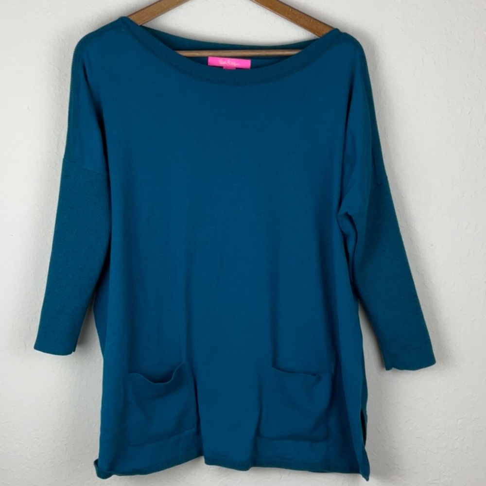 LILLY PULITZER Cobo Boat Neck Teal Sparkle Accent Sweater Small